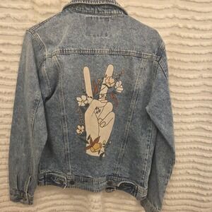Denim Jacket Peace Sign Graphic Floral Boho Hippie Floral Womens Sz Small